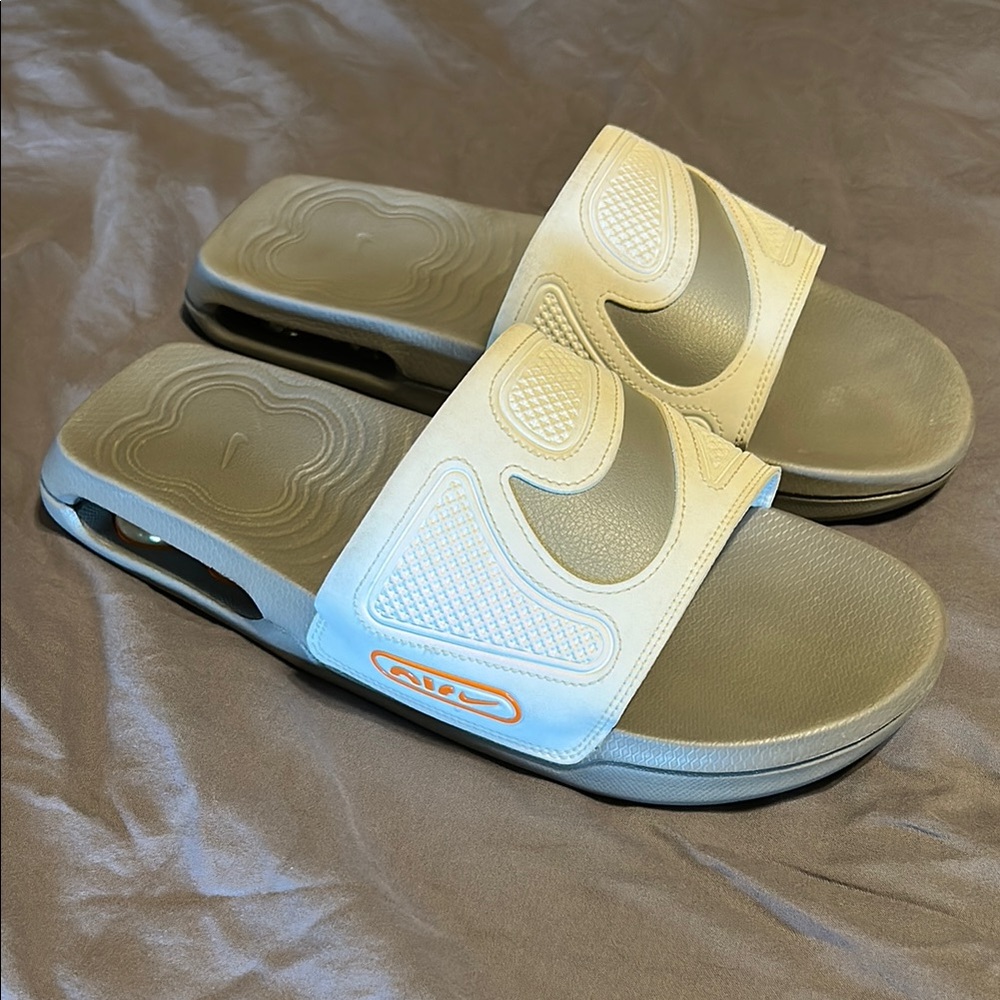 Nike Air Slides in Cream and Gray with Orange Detail
